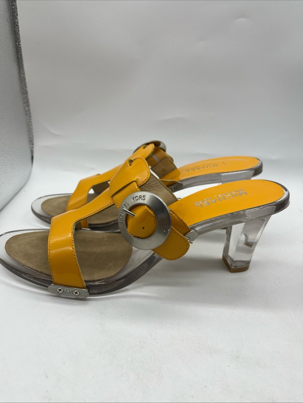 Michael Kors Yellow Gold Patent Leather & Lucite Sandal High Heels Sz 7.5 M